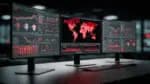 Analistas monitoram NOC com mapas de calor em vermelho e picos de latência durante instabilidade na AWS.